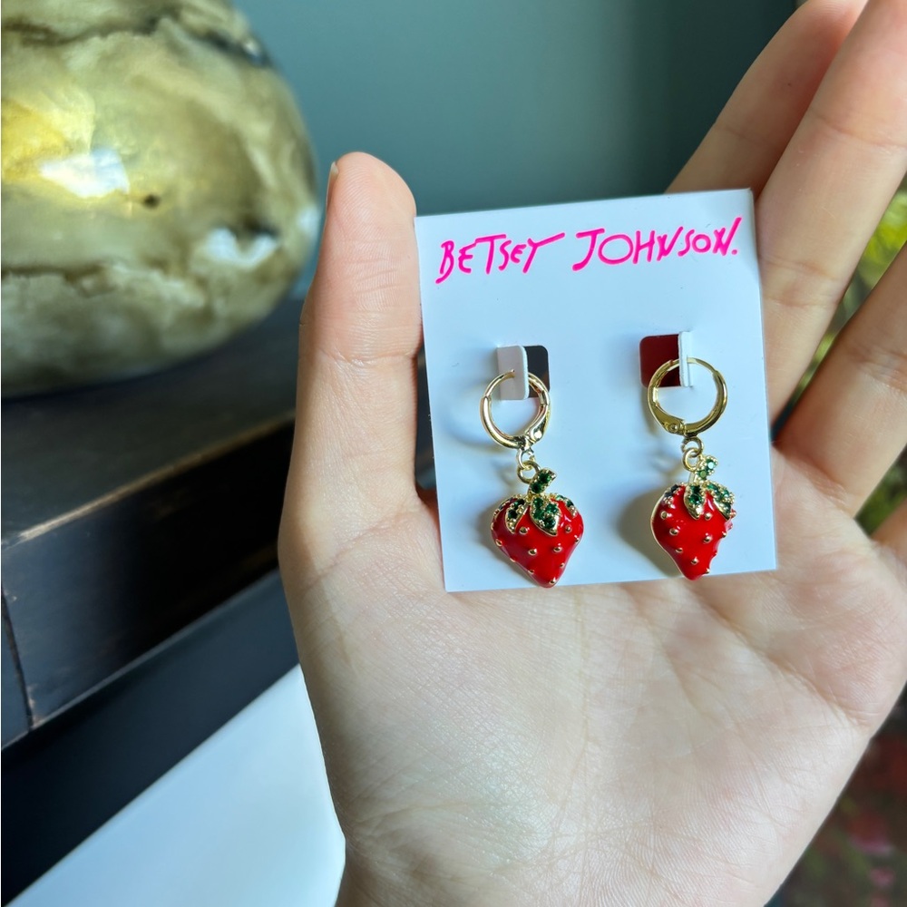 Betsey Johnson Red Strawberry Dangle Hoop Earrings - Picture 5 of 5